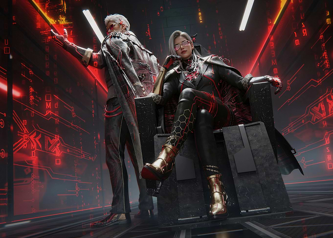 Cyberpunk Duo in Digital Throne Room
