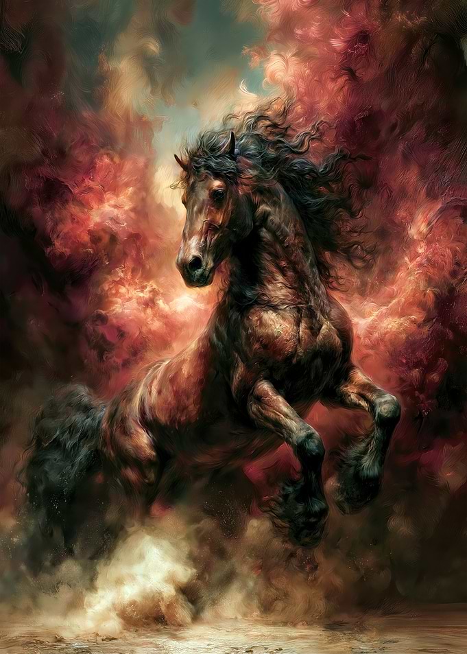 Majestic Rearing Horse in Red Smoke