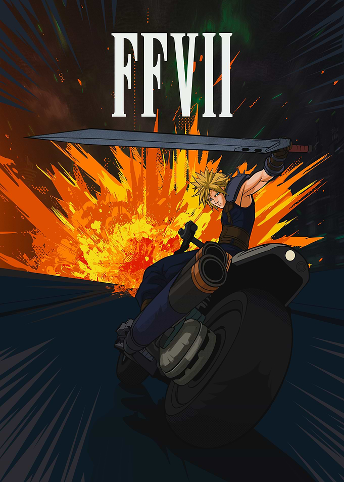 Cloud Strife on Motorcycle FFVII Poster