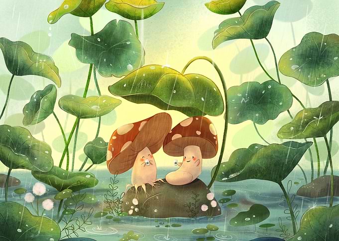 Cute Mushrooms Having Tea in Rain
