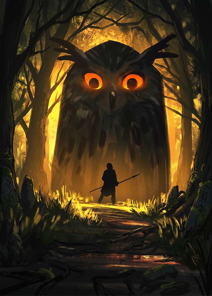 Warrior Facing a Giant Owl
