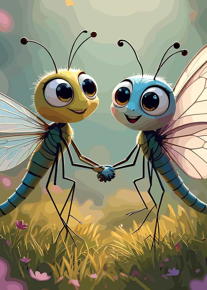 Two Cute Cartoon Dragonflies Holding Hands