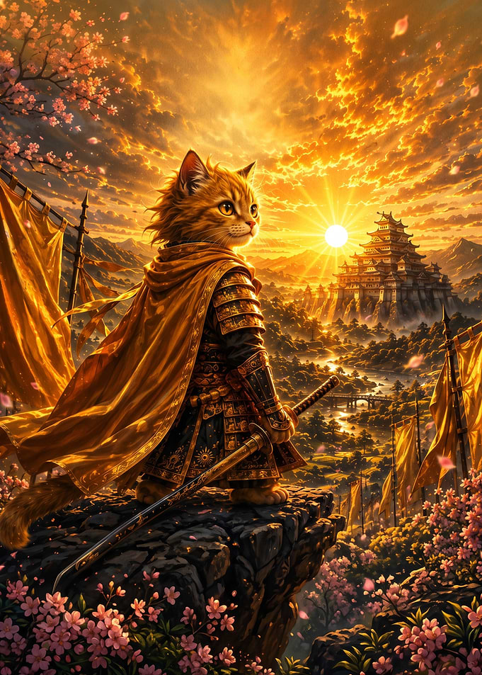 Samurai Cat Warrior at Sunset