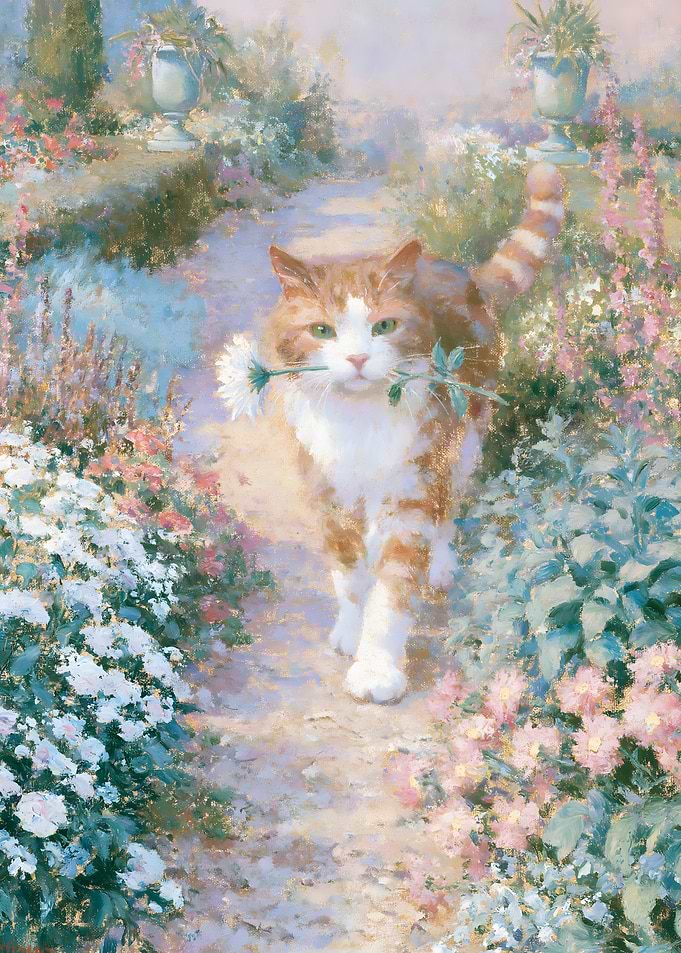 Ginger Cat Carrying Flower in Garden