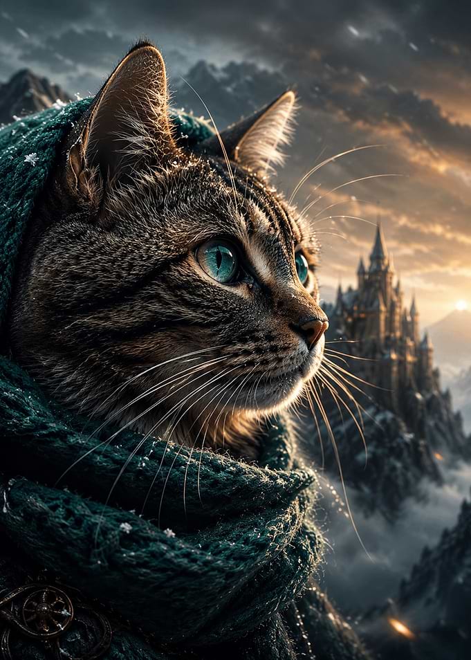 Cat in Scarf Before Mountain Castle