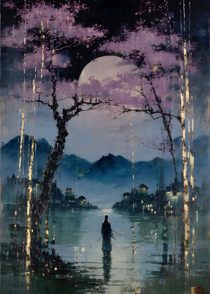 Lone Samurai Under Cherry Blossoms