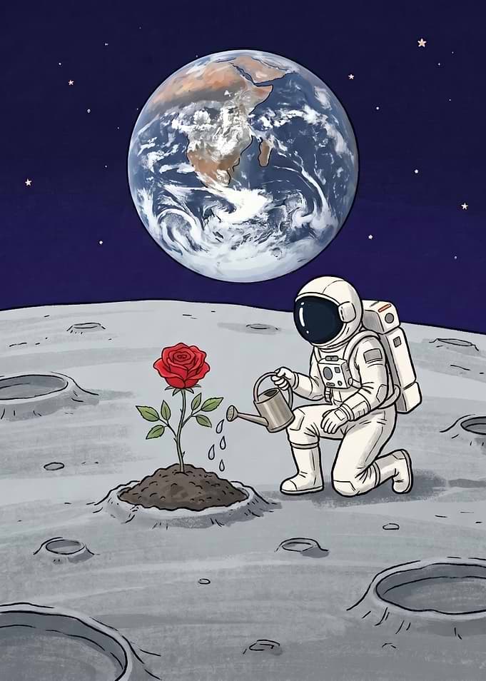 Whimsical Astronaut Watering a Rose on the Moon