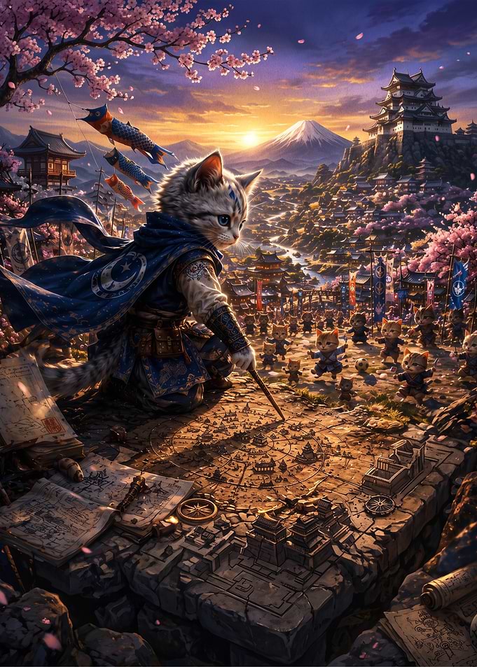 Cat Samurai Strategist Planning Battle