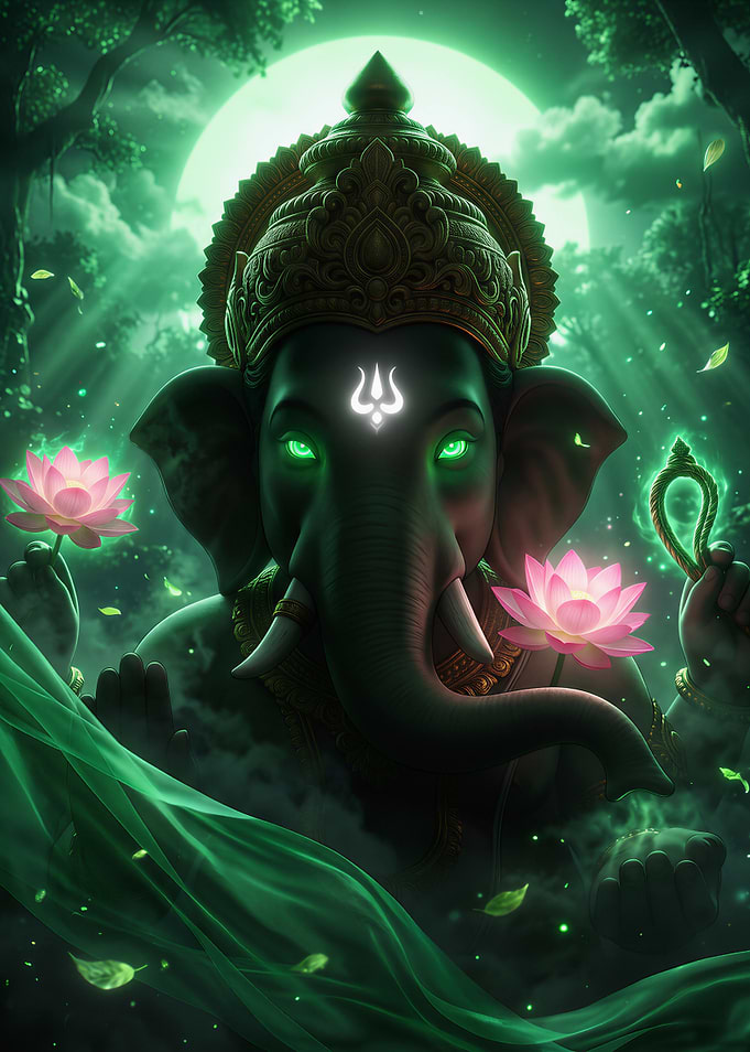 Sacred Lord Ganesha Emerging from Emerald Moonlight | Spiritual Wall Art