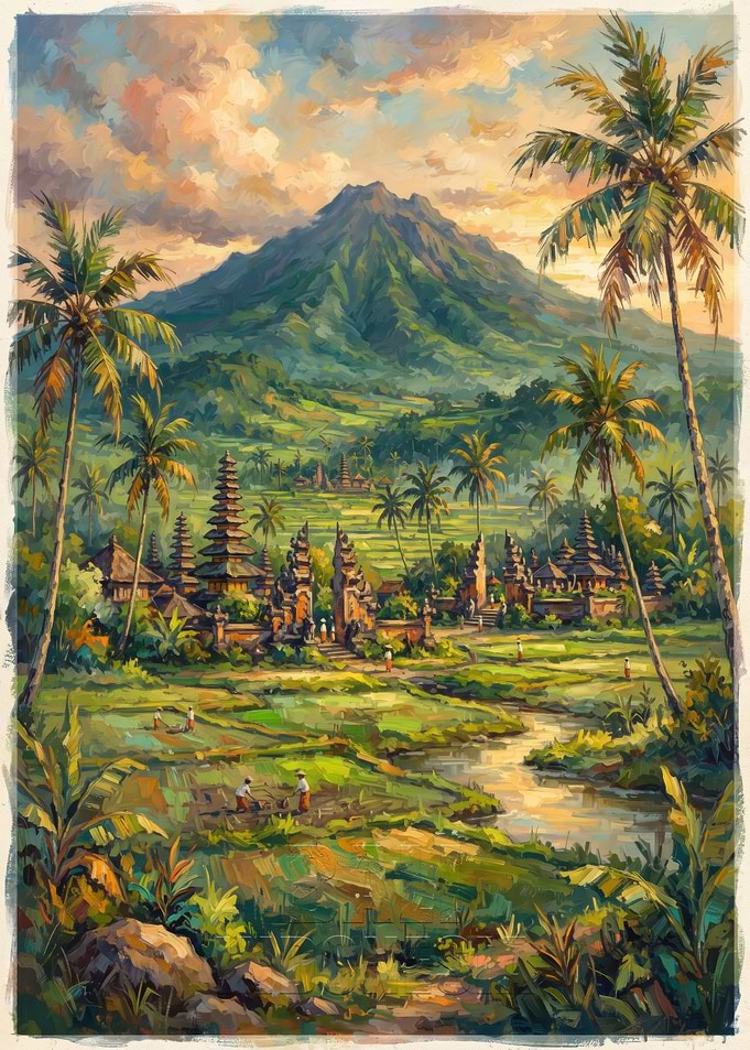 Bali Indonesia Temple Landscape Painting
