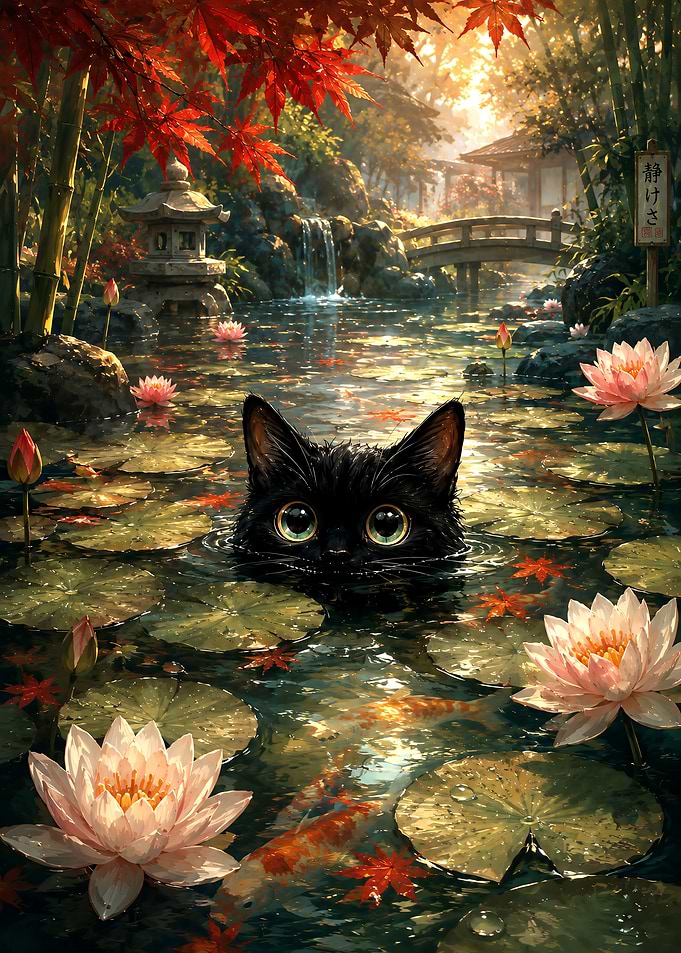 Black Cat in Japanese Garden Pond