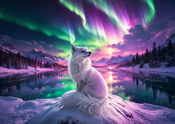 Arctic Fox Under Northern Lights
