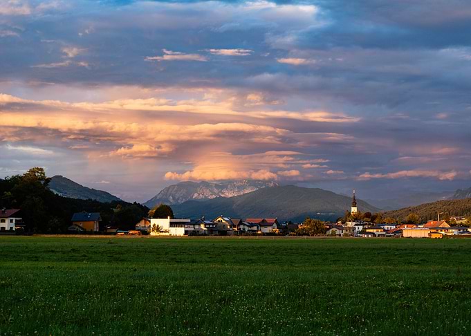 Sunset over a European Alpine Village