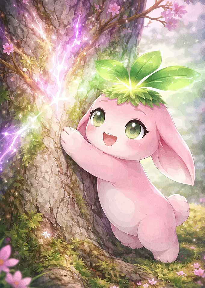 Cute Pink Creature Hugging Tree