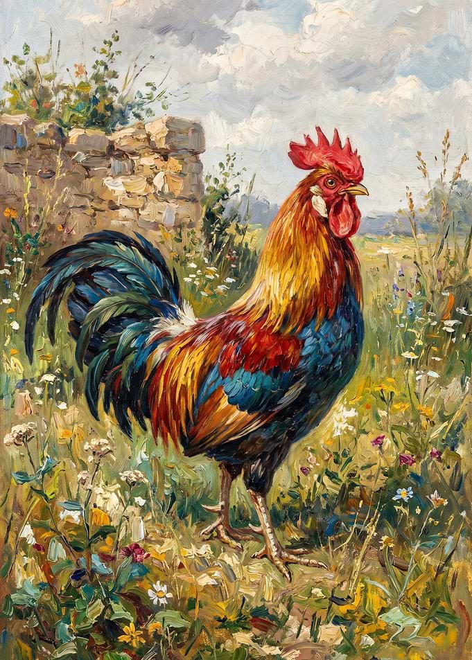 Oil Painting of a Colorful Rooster