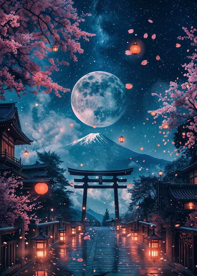 Mount Fuji Under Moonlight and Sakura
