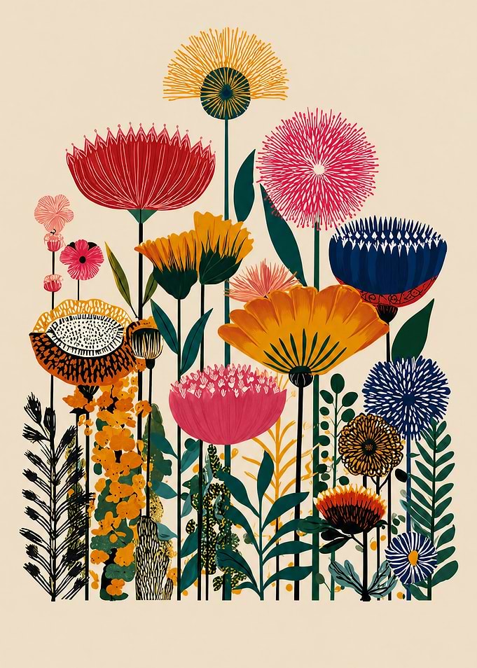 Colorful Stylized Botanical Floral Illustration