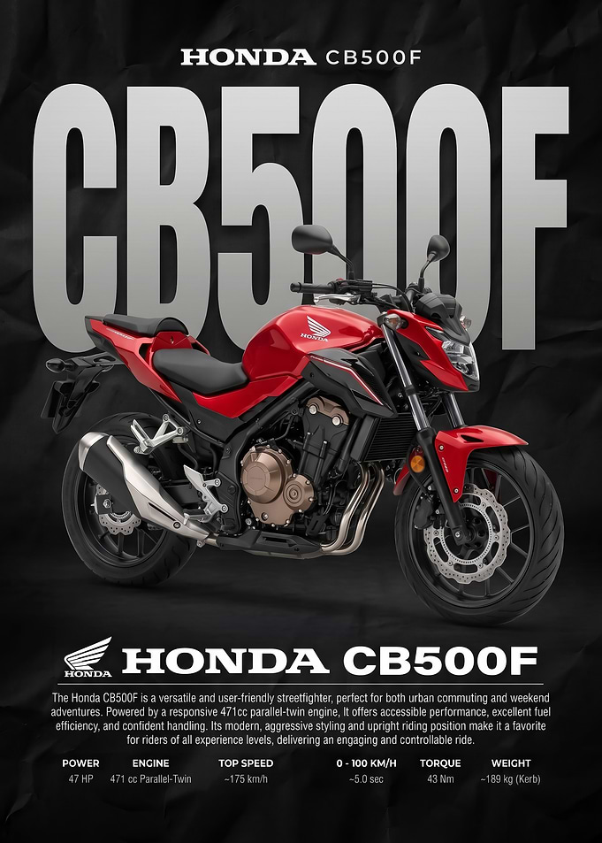 sleek Honda CB500F Motorcycle Promotional Poster
