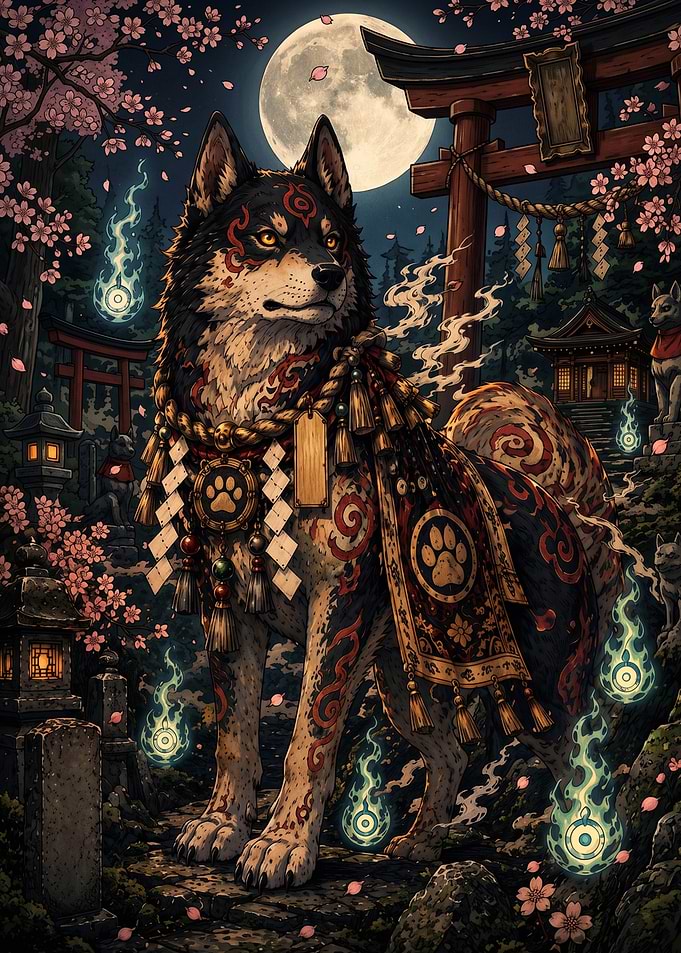 Mystical Guardian Wolf at Shinto Shrine