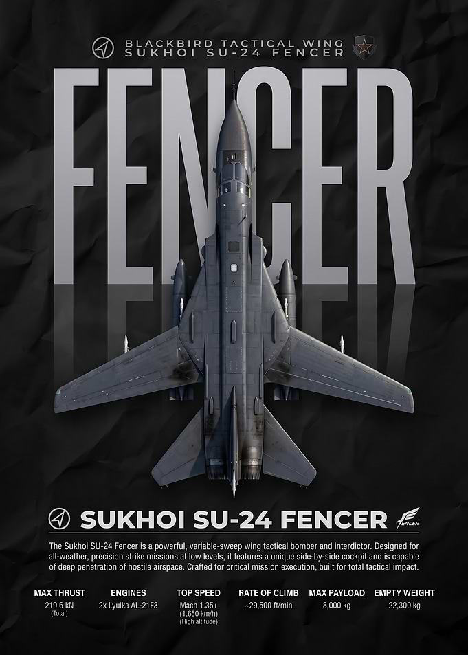 sleek Sukhoi Su-24 Fencer Tactical Bomber Poster