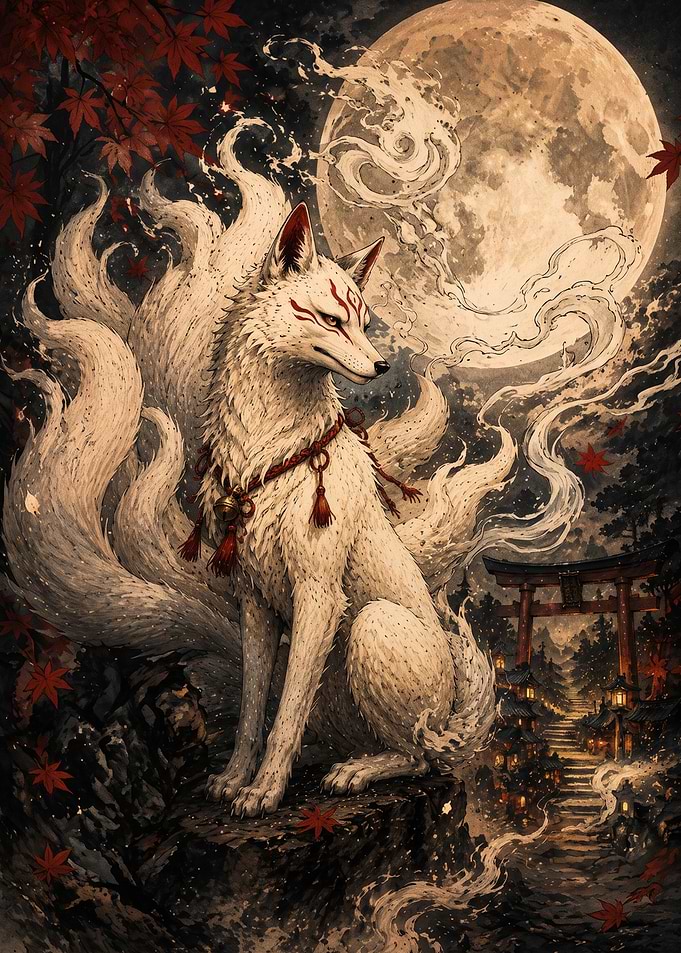 Majestic Nine-Tailed Kitsune Under Moon