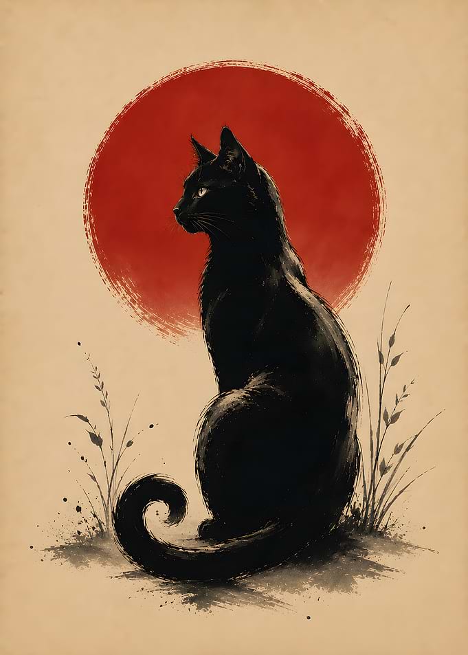 Black Cat Red Sun Oriental Ink Art