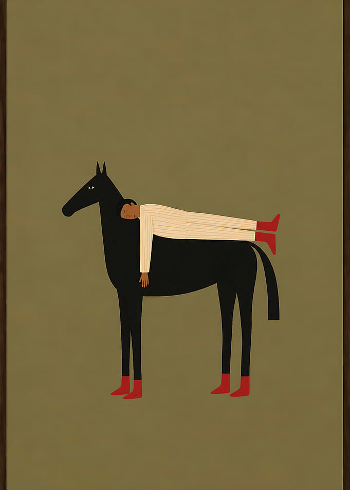 Person Resting on a Black Horse