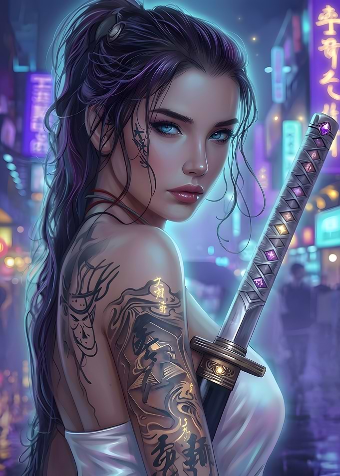 Cyberpunk Warrior Woman with Katana