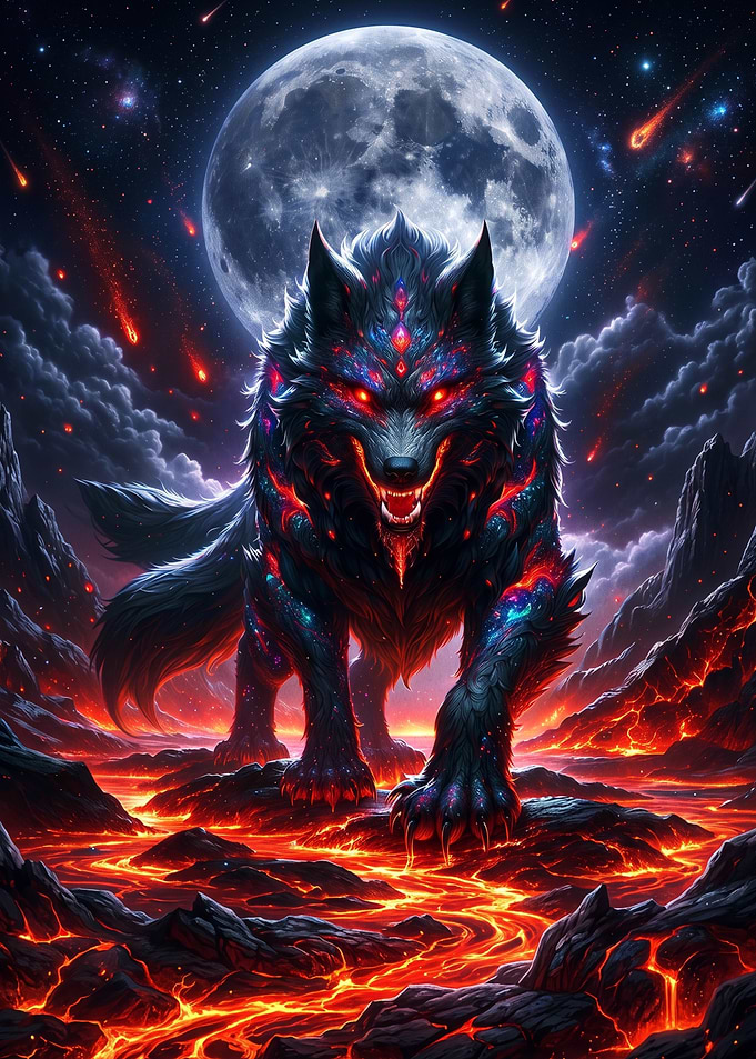Cosmic Lava Wolf Under Full Moon