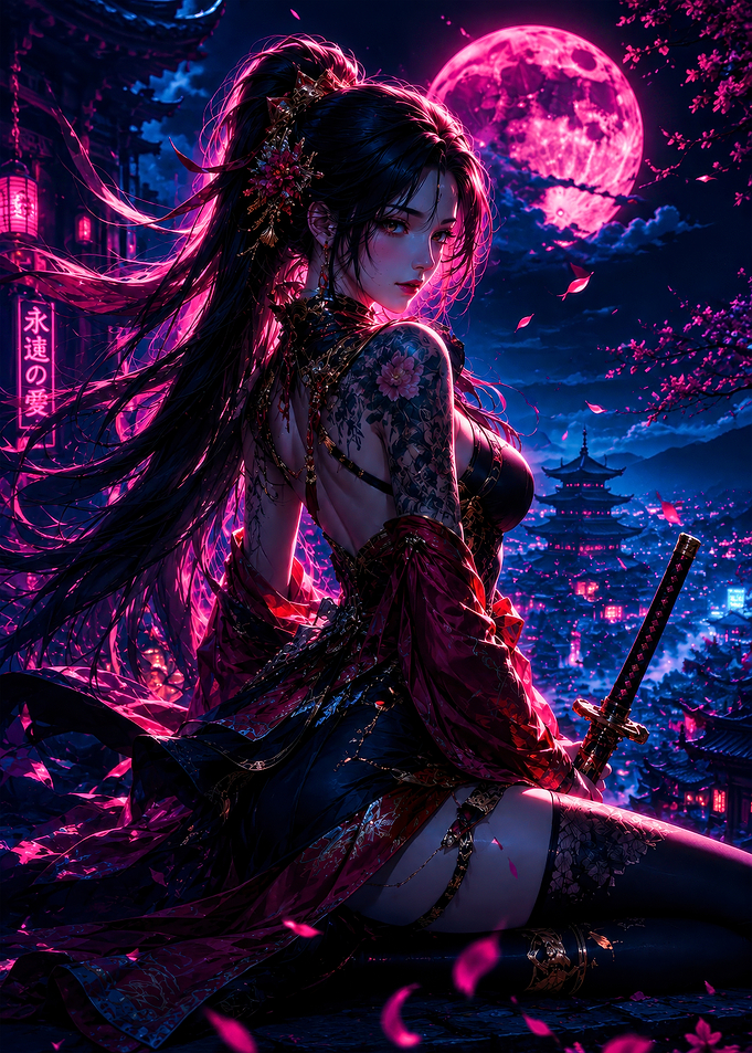 Cyberpunk Samurai Girl Under Pink Moon