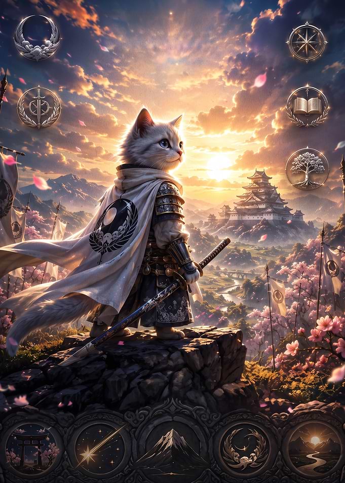 Samurai Cat Warrior at Sunset