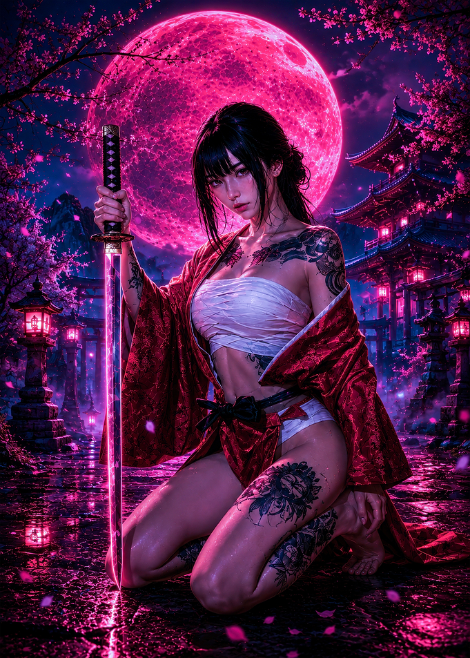 Tattooed Samurai Woman Under Pink Moon
