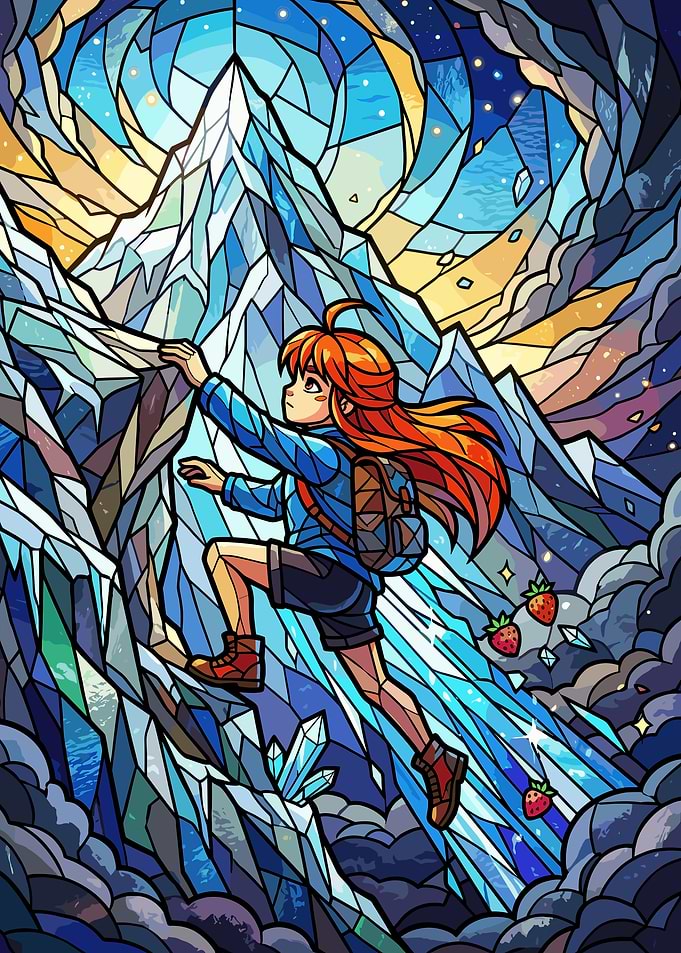 Madeline Climbing Celeste Mountain Stained Glass