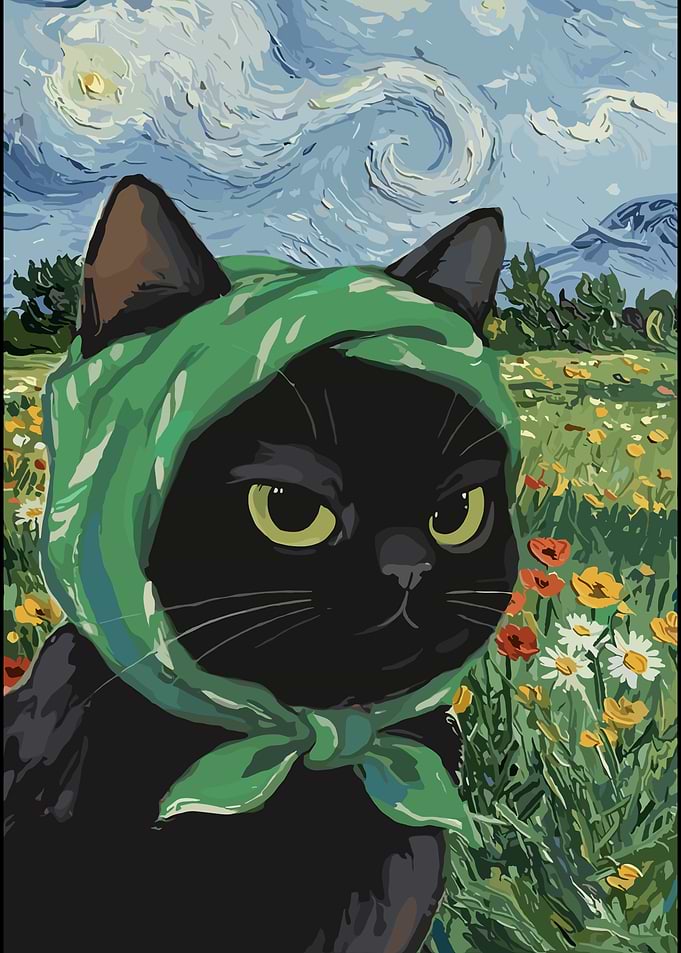 Black Cat in Green Headscarf