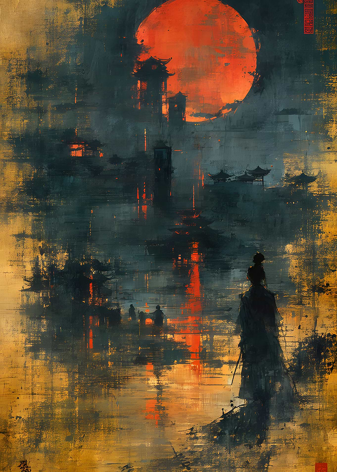 Samurai Silhouette Under Red Moon