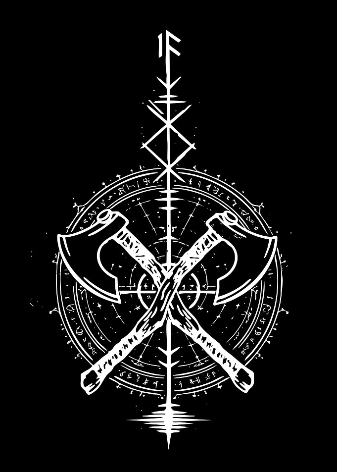 Viking Axe and Rune Compass Emblem