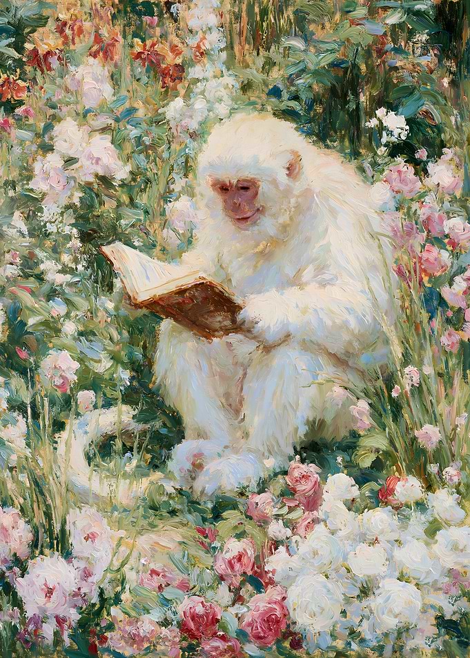 White Monkey Reading in Flower Garden