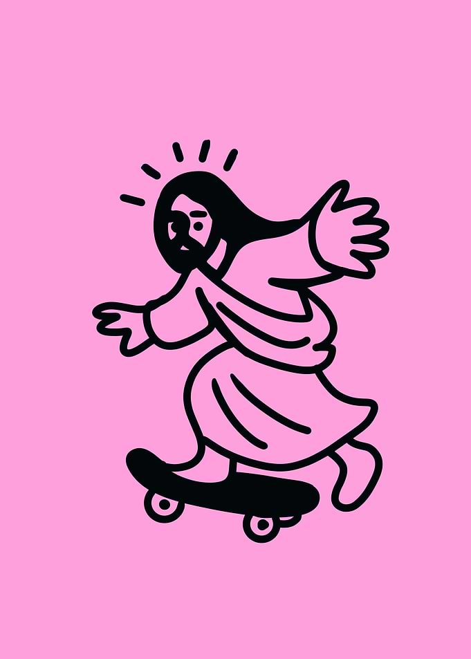 Jesus Christ Skateboarding Cartoon Illustration