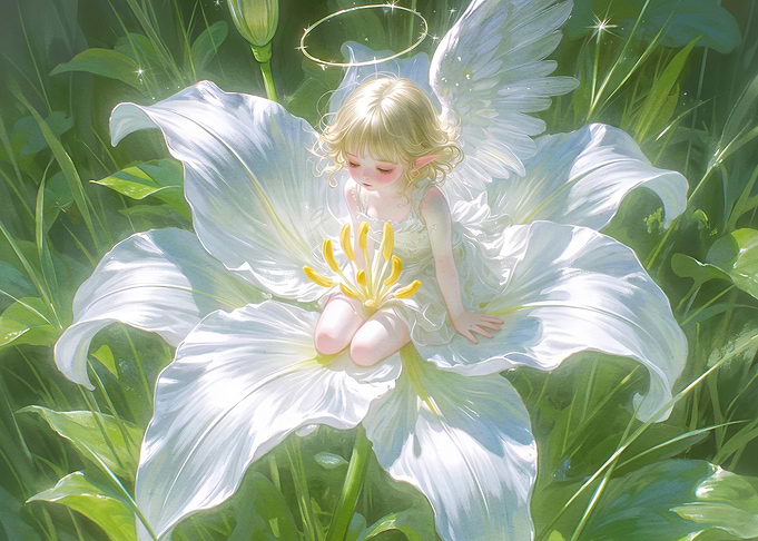 Little Angel Resting on White Lily