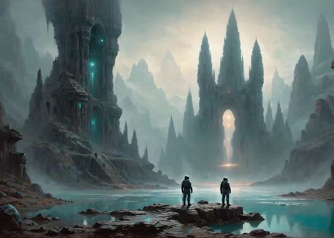 Astronauts Exploring Alien Gothic Ruins