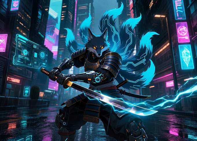Cyberpunk Kitsune Samurai Warrior