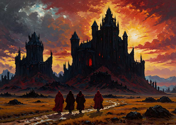 Four Figures Approaching Dark Fantasy Castle
