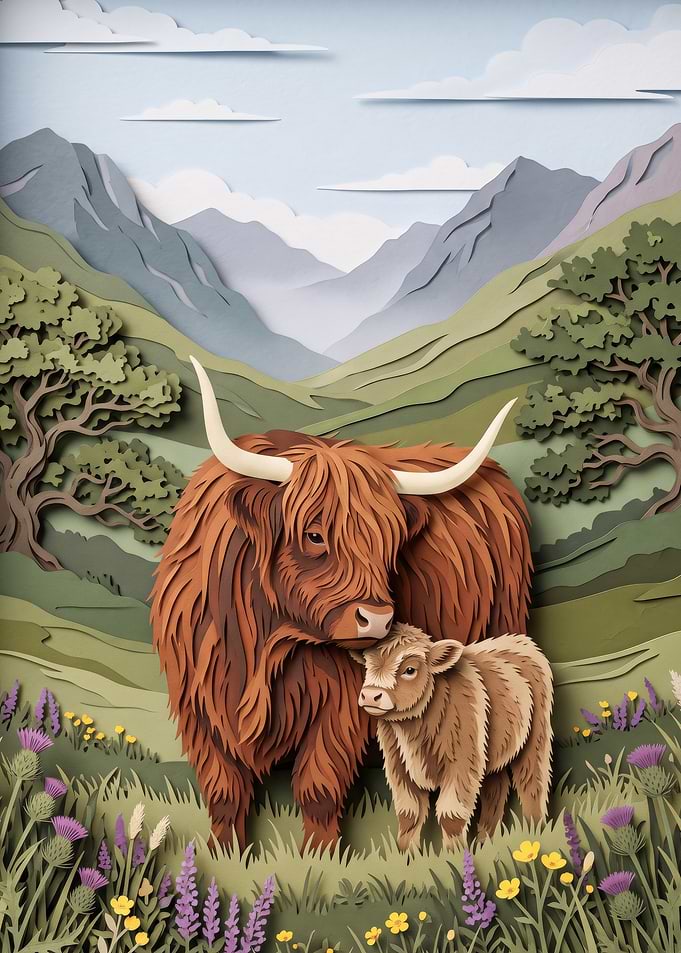 Paper Cutout Highland Cow and Calf
