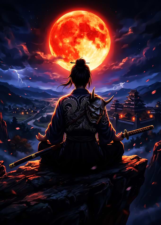 Samurai Meditating Under Blood Moon