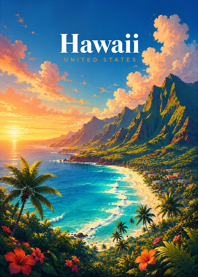 Hawaii Tropical Sunset Travel Poster