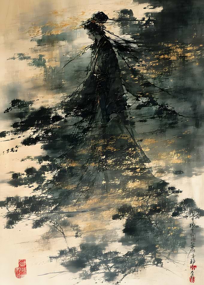 Ethereal Ink Wash Portrait of Geisha