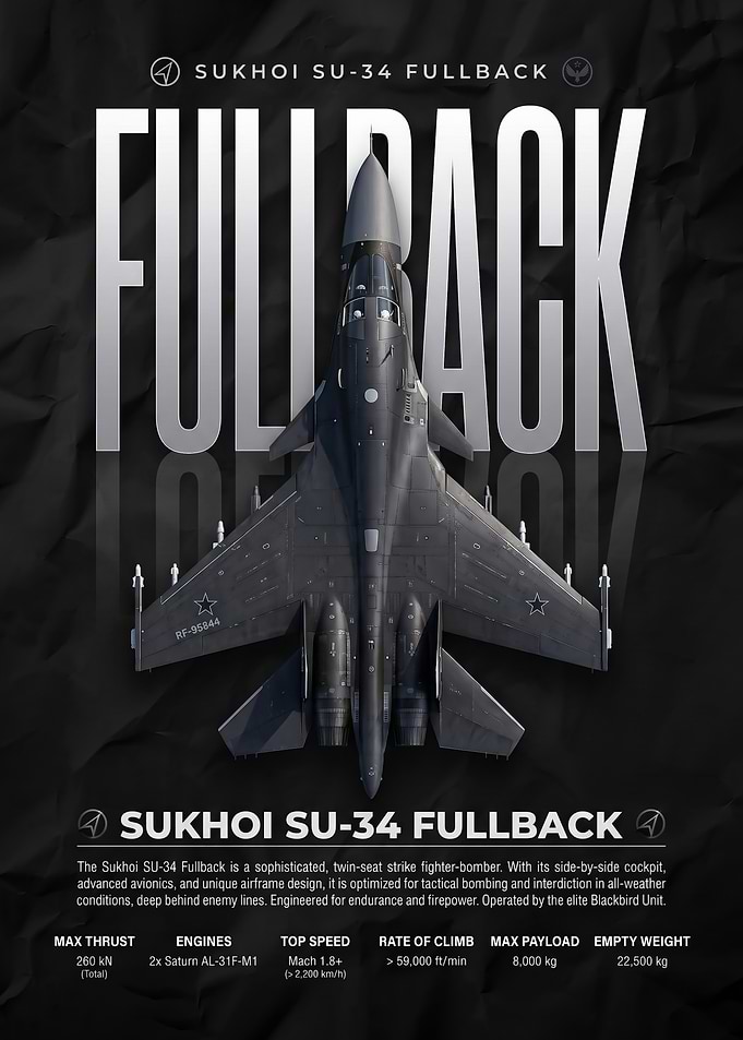 sleek Sukhoi Su-34 Fullback Military Aircraft Poster
