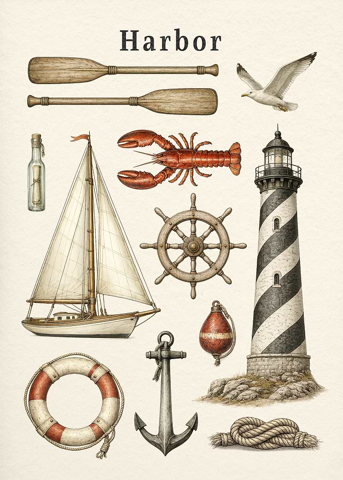 Vintage Nautical Harbor Collection Illustration