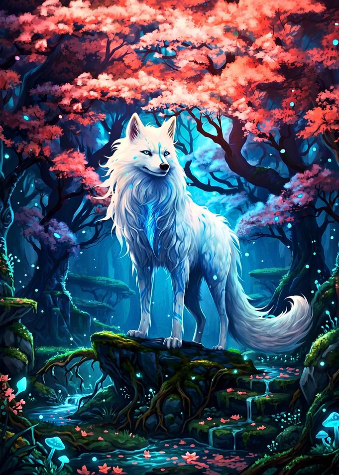 Mystical White Wolf in Enchanted Forest