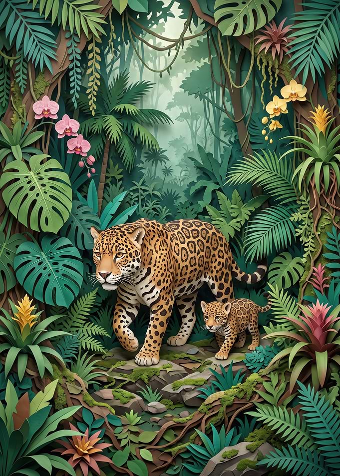 Jaguar Mother and Cub in Jungle